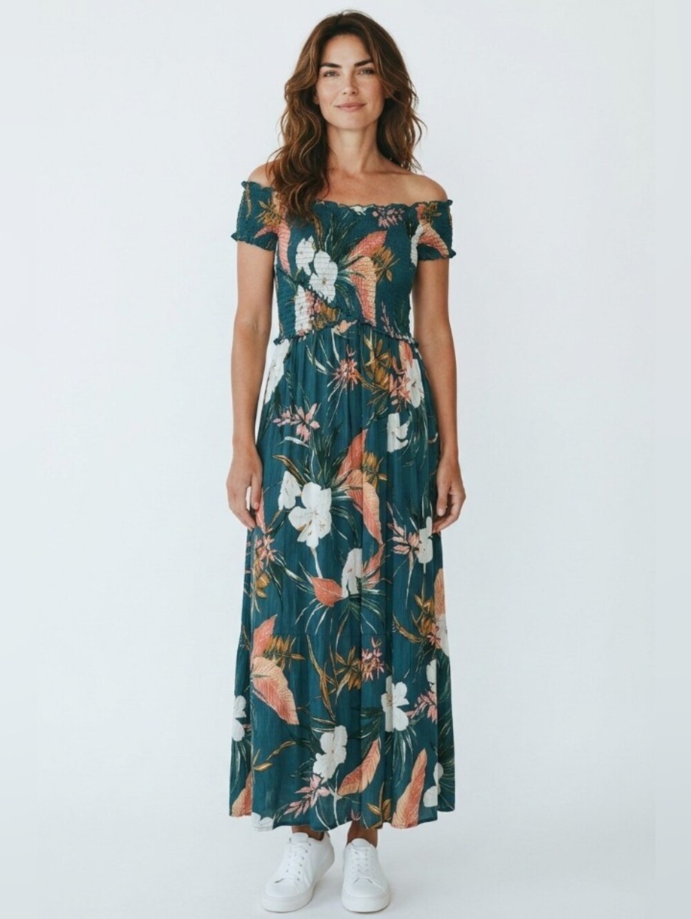 Patrons of Peace‎ Teal Off-Shoulder Floral Maxi Dress Smocked Gauzy Sz M EUC
